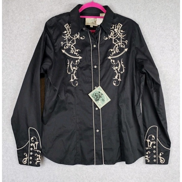 Roper Tops - Roper VTG Western Women's XL Black Shirt Beige Embroidered Pearl Snap Cowgirl